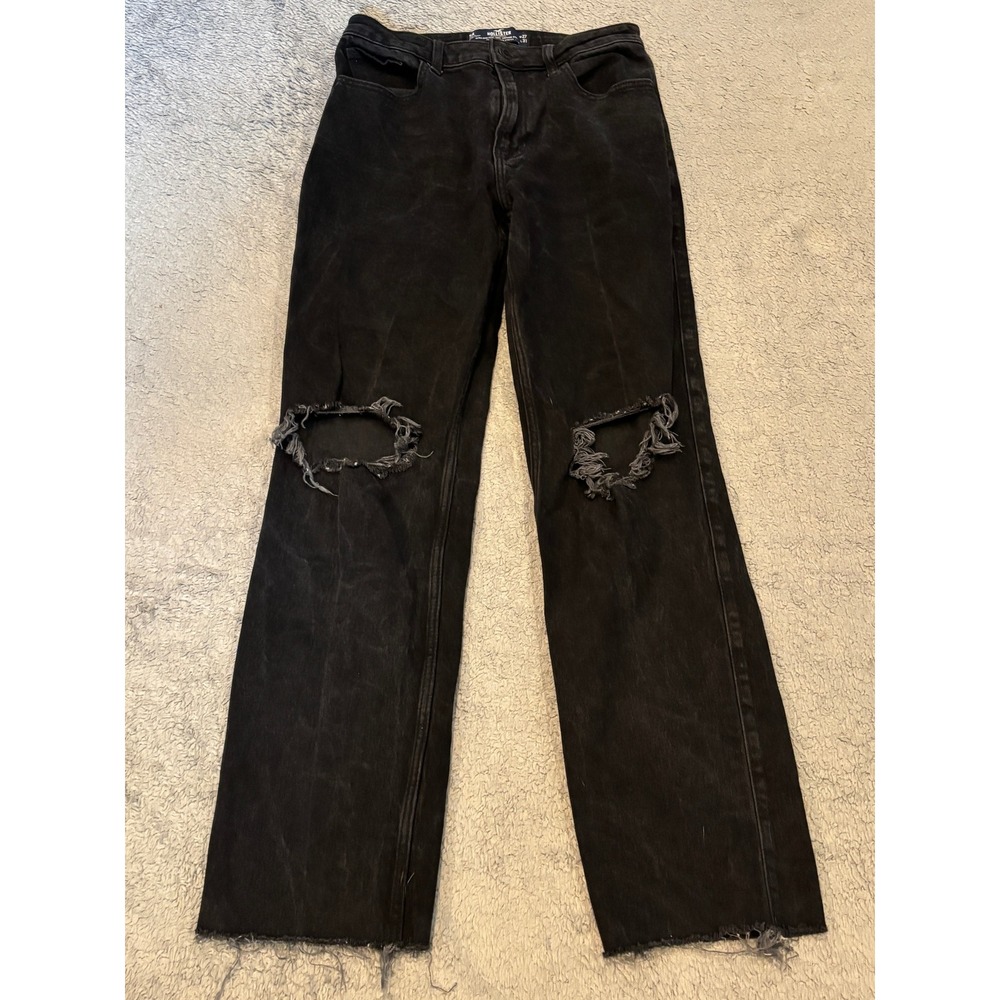 Hollister Ultra High-Rise 90s Vintage Straight Jeans Black Ripped Knee 5R W27